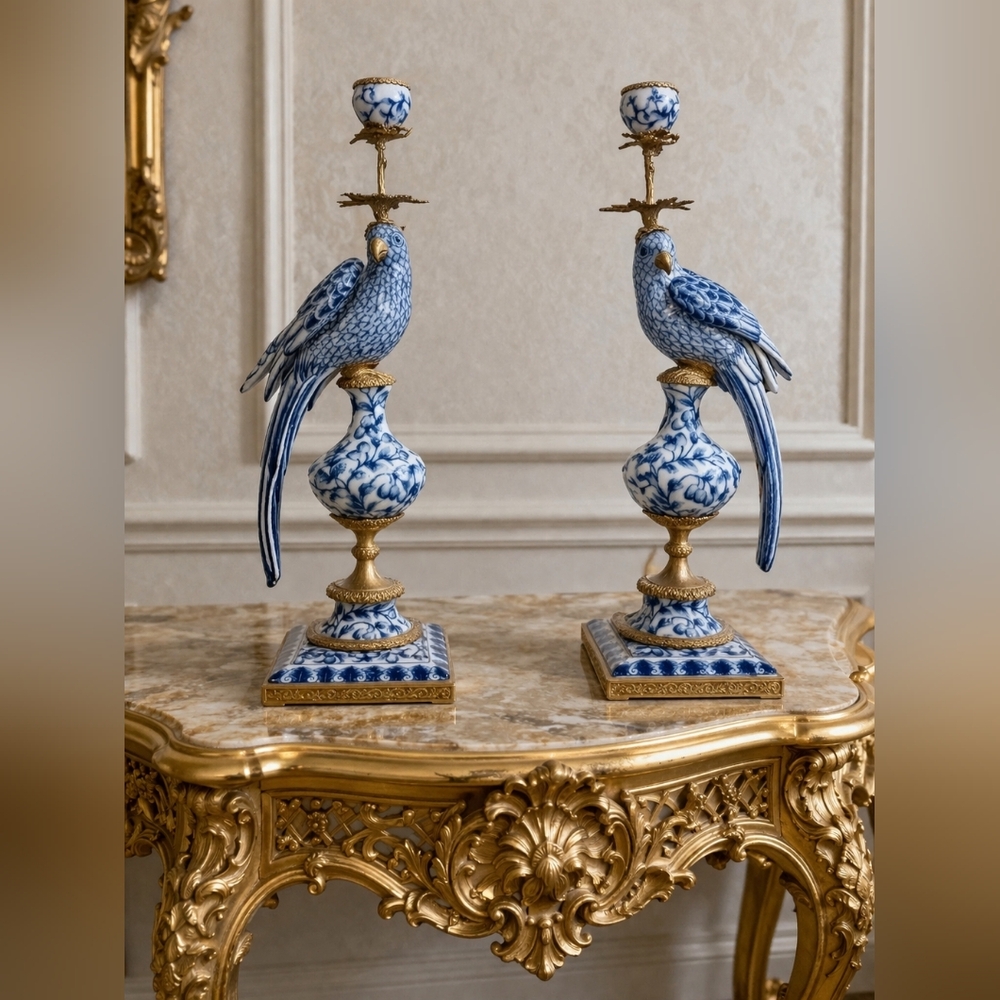 Blue & White Hand Painted Porcelain & Bronze Ormolu Parrot Candle Holders (Pair)